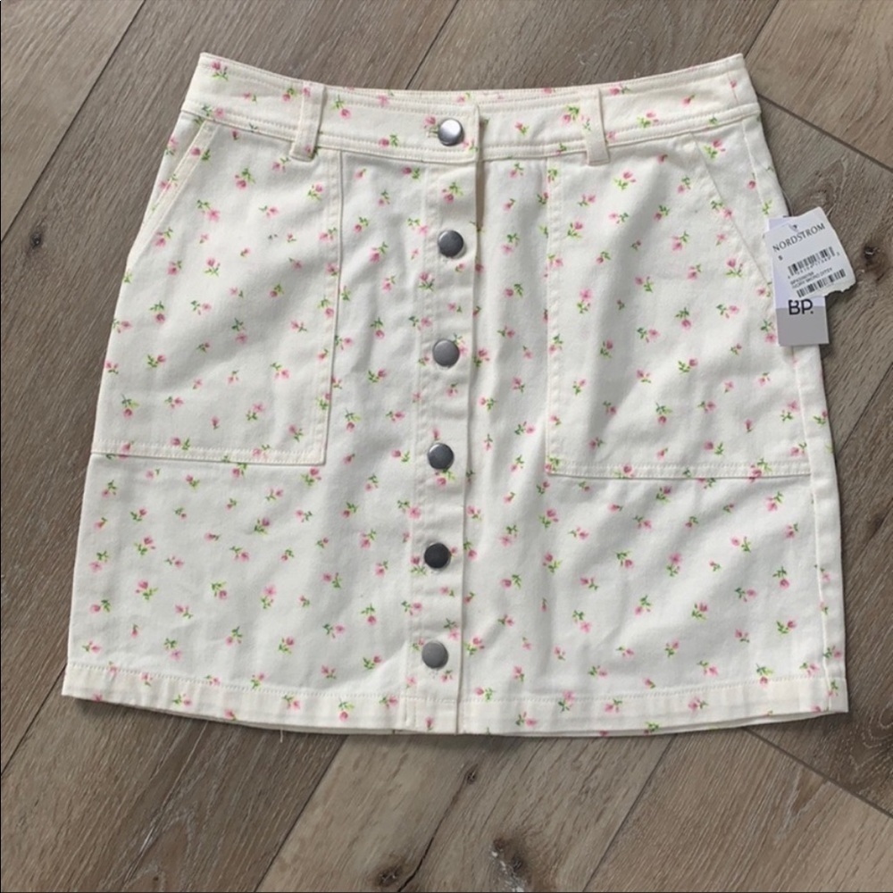 Nordstrom’s BP. Ivory Rose Print Denim Button Up Skirt